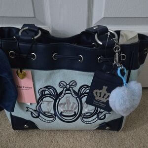 Juicy Couture Navy and Light Blue Embroidered Tote with Pom Charm